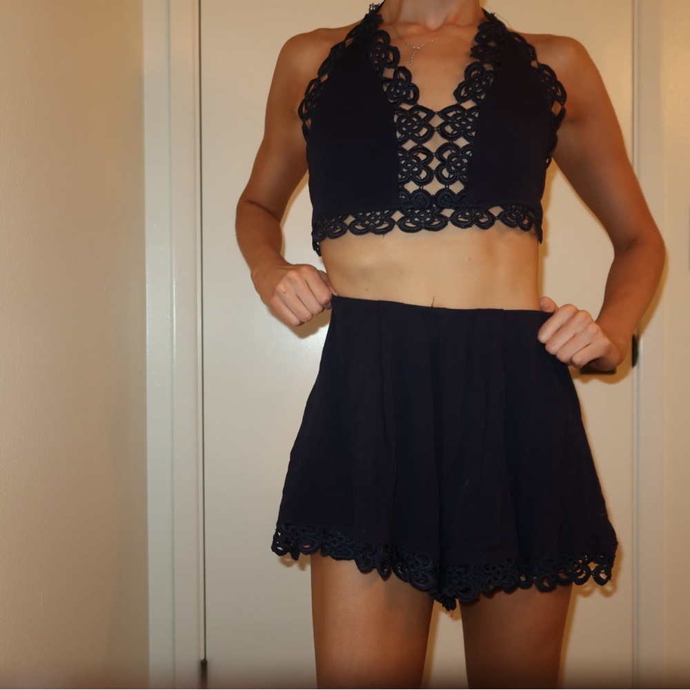 Navy Blue Lace Halter Crop Top and Shorts Set